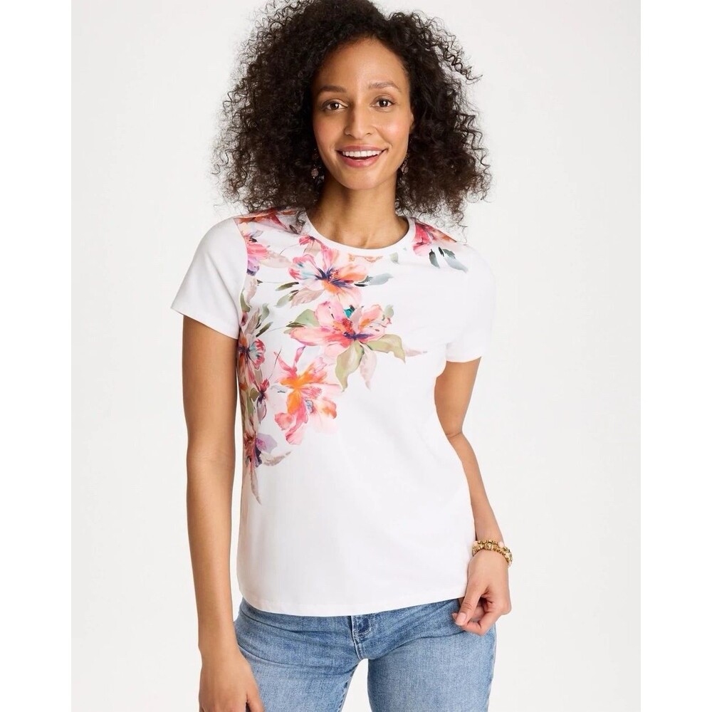 Chico's Cotton Stretch Ethereal Floral Cap Sleeve Tee Calypso Coral NWT 1